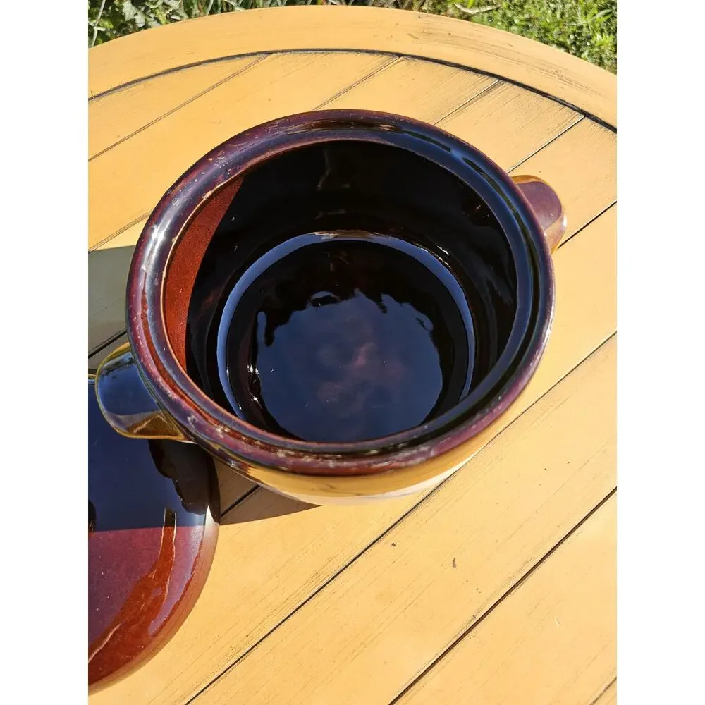 Vintage Brittany Cook N Serve Brown, Tan and White Stoneware Bean Pot with Lid
